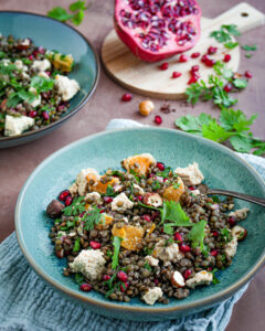 salade de lentilles, grenade et tofu